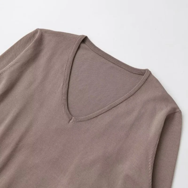 Women's Loose Fit V-Neck Lace Trim Long Sleeve Knit Sweater Simple Style Patchwork Pullover Top