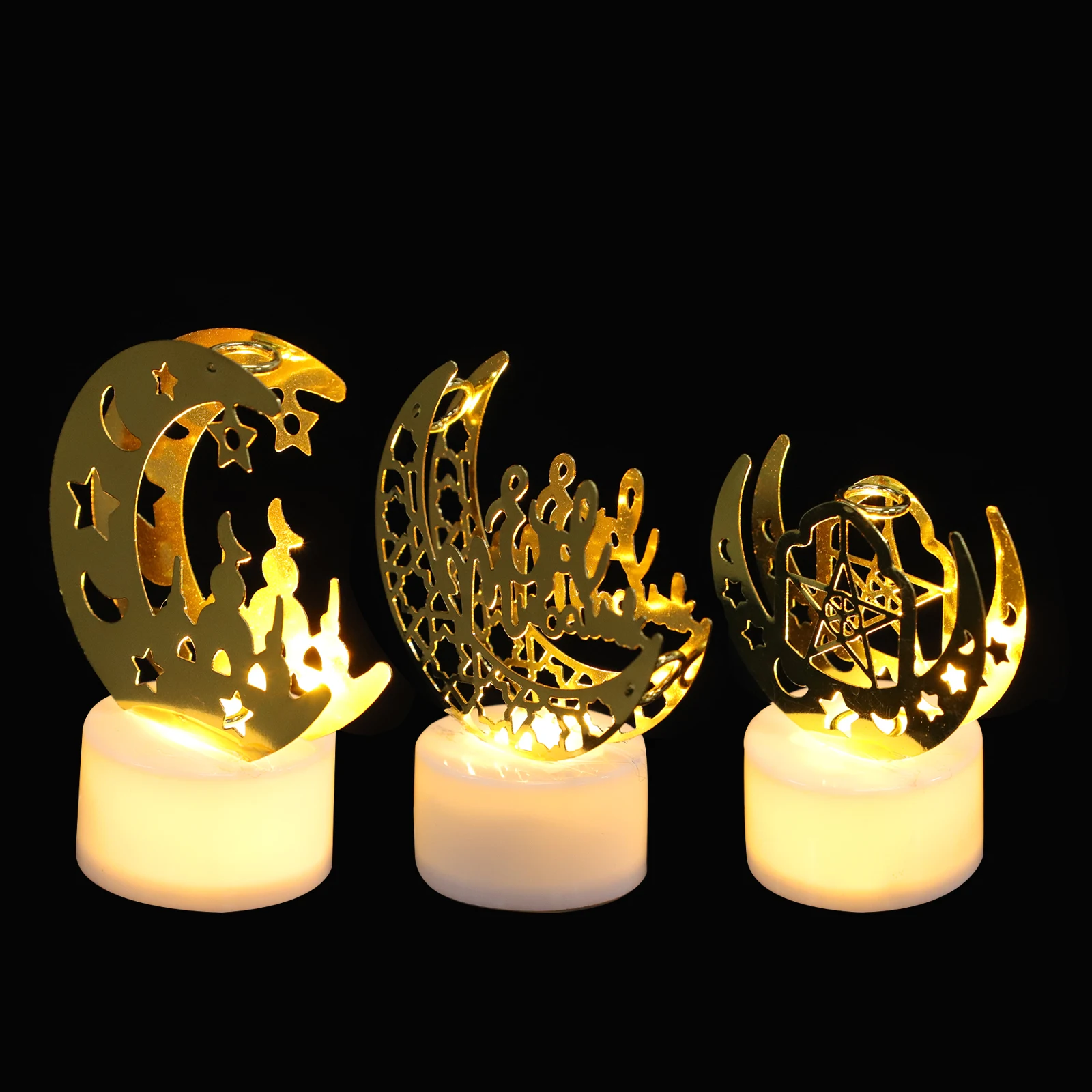 

3 Pcs LED Decorative Lights Islamic Eid Mubarak Crafts Ramadan nament Hollow DIY Night Lamp Plastic Iron Gifts