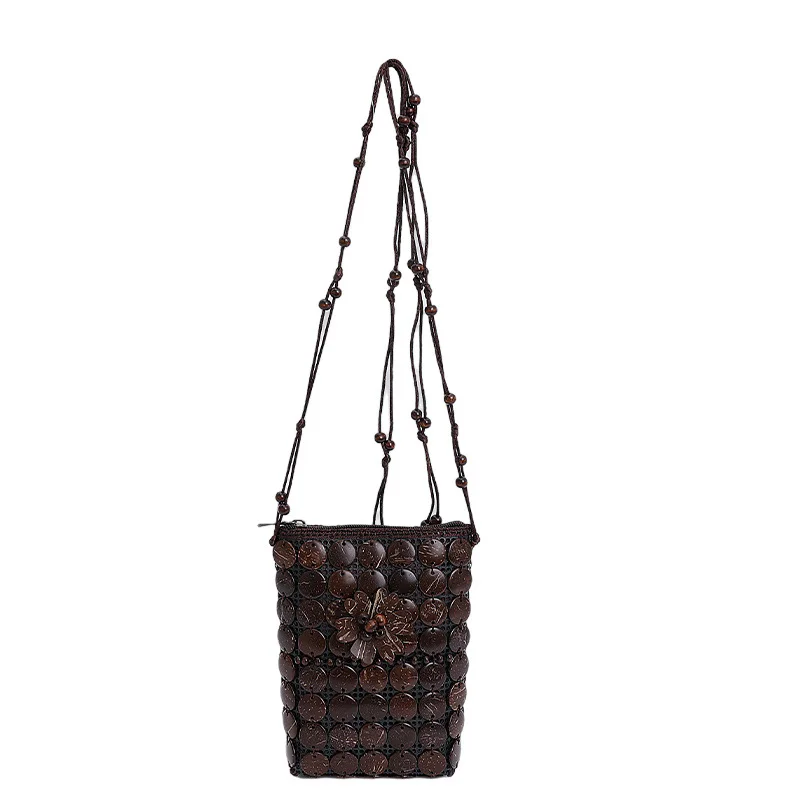 

Ethnic Style Crossbody Bag Coconut Shell Retro Handmade Weave Bag Geometric Handbag Bohemian Shoulder Bag Women