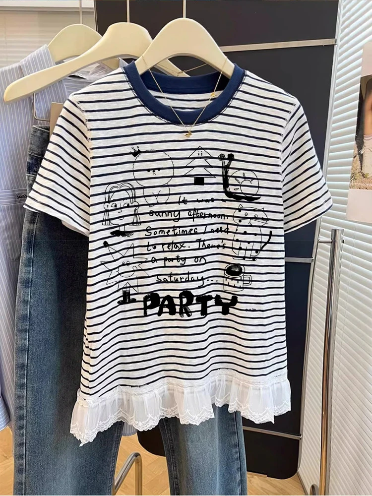 Retro Print Splice ort Sve T-irt ex Summer Korean Sle Casual Striped oulder Top Moisture ng Regular Fit