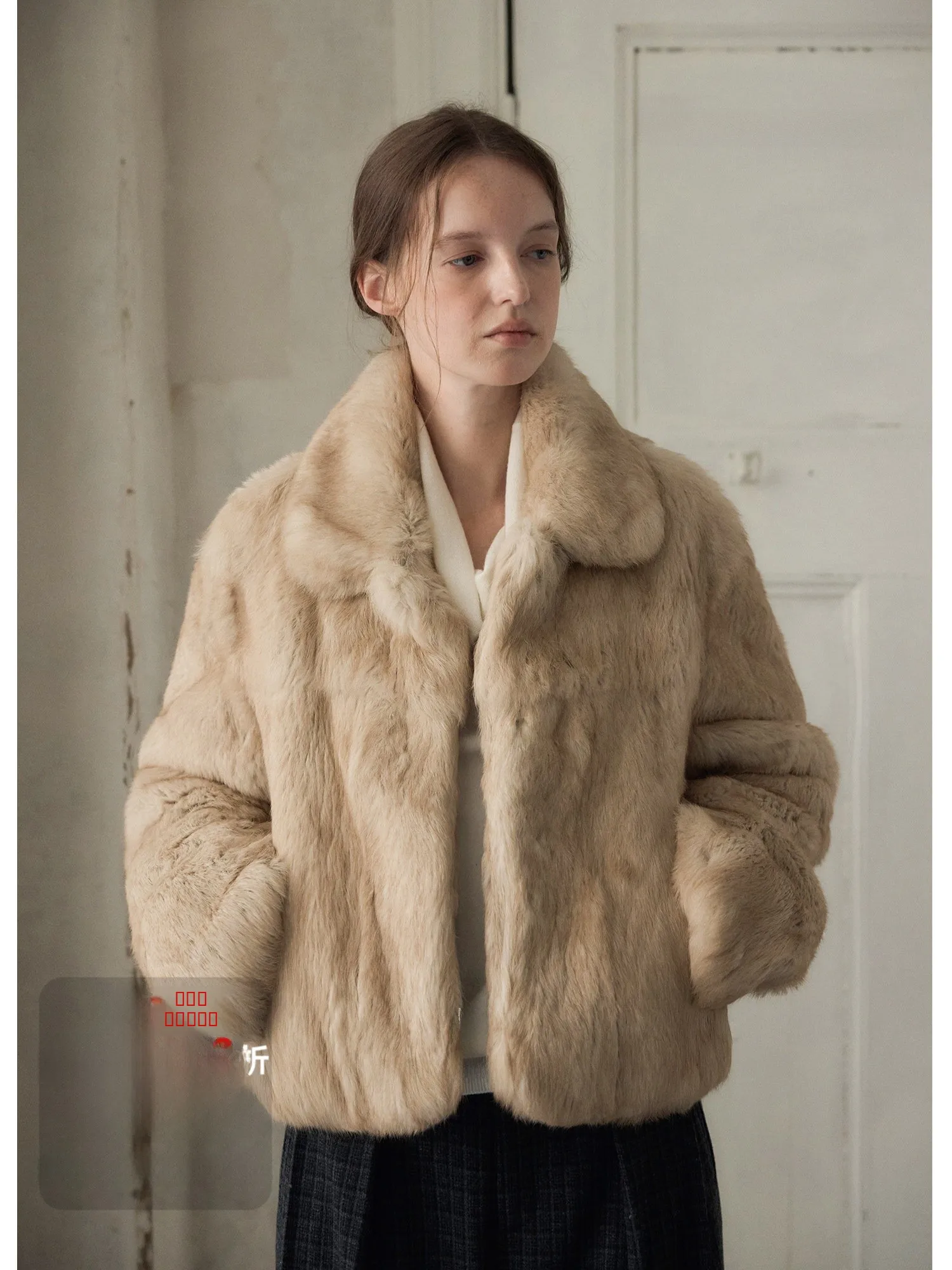 

Nice People 2025AW ort Fur Coat Rabbit Hair Leather Collar Flip Casual Sle Women's Outerwear ort Length Fluffy Coat