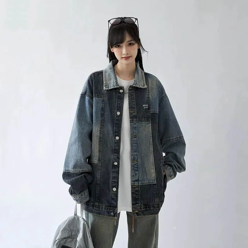 

Jackets for Women Korean Style Loose Denim Baseball Jackets Oversized Workwear Cardigans Long Sleeved Vintage Coats Women Tops