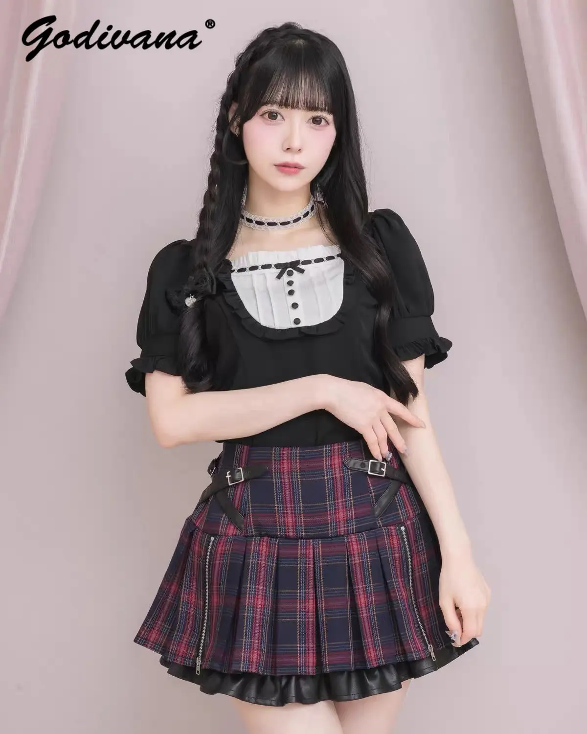 Japanese Style High Waist Plaid Pleated Skirt Preppy Style Harajuku Leather Buckle Lace Up Zipper Women Short Skirt
