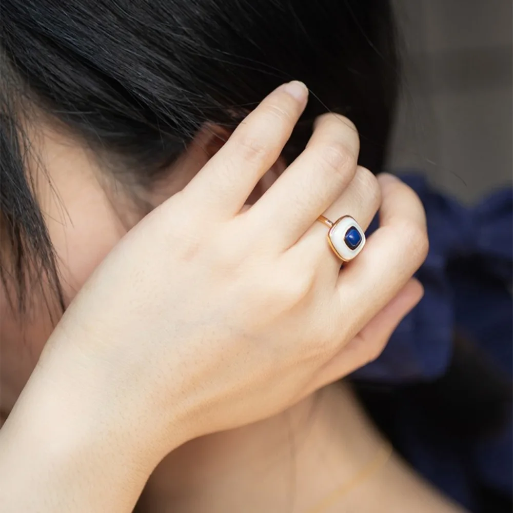 اللازورد وأم اللؤلؤ مربع قابل للتعديل حلقة مفتوحة الحد الأدنى مطلية بالذهب بيان مجوهرات هندسية للنساء