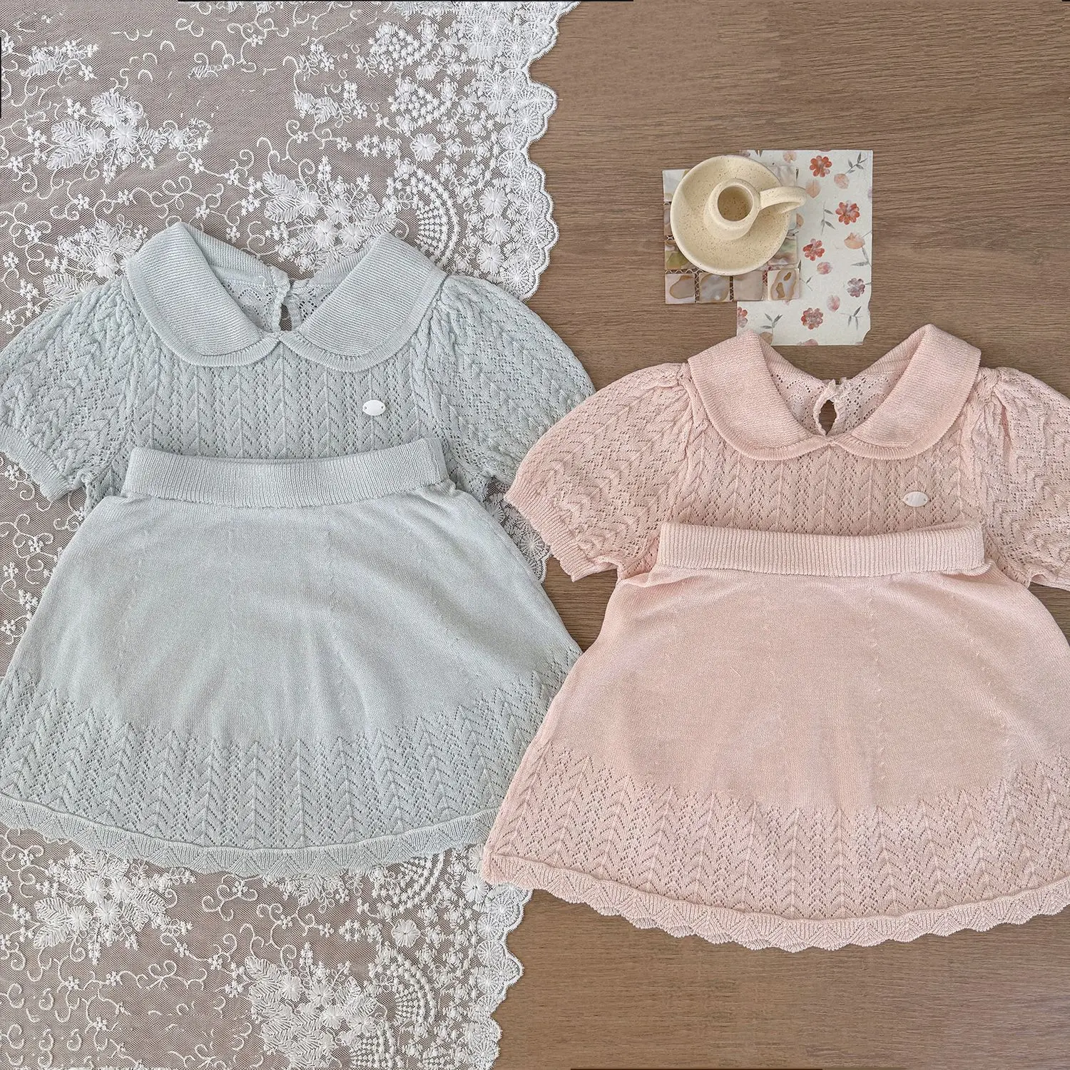 somenie-summer-ins-girls-and-children-college-wind-tencel-knitted-sweater-women's-treasure-ingot-collar-top-skirt-2-piece-set