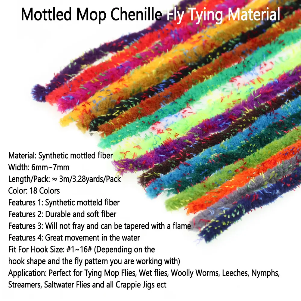 Bimoo 18packs Mix Grizzly Mottled Mop Chenille Fly Tying Material For Woolly Bugger Wet Nymph Streamer Mop Fly Crappie Jig Lures