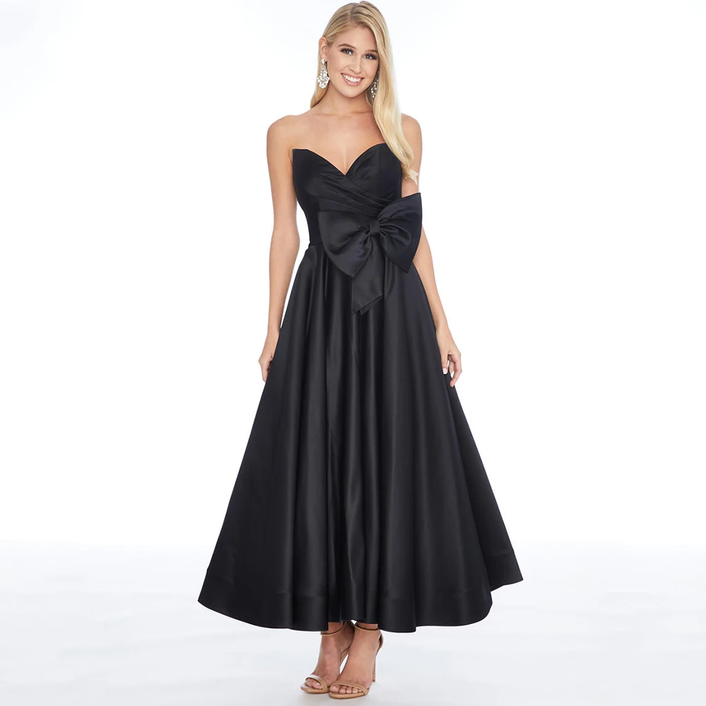 

Arya Simple Satin A-Line Evening Dress V-Neck Strapless Sleeveless with Pleat and Bow Ankle Length Women Backless Zipper Gowns