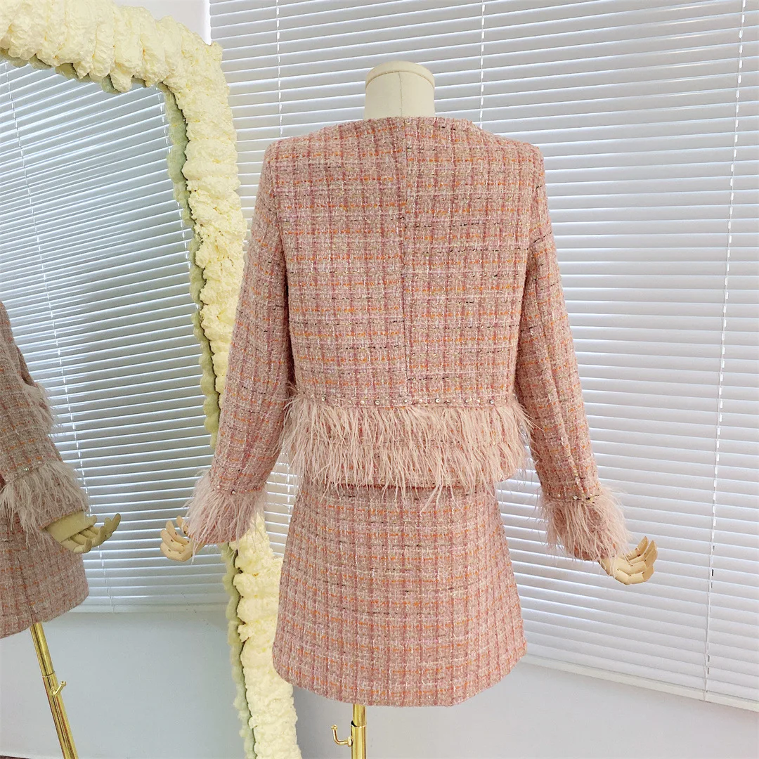 Women's Feather Tassel Tweed Coat+High Waist Slim Fit Skirt 2 pcs Set New Spring and Autumn Small Fragrant Style Set