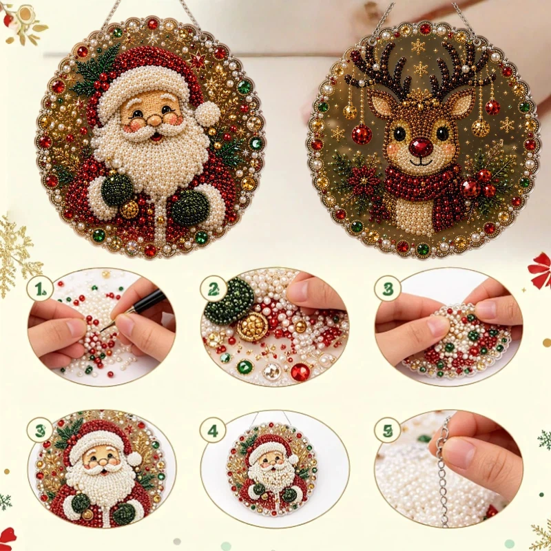 Pendentif de Noël en acrylique rond à peindre avec des perles et des diamants, série de Noël, cadeau de Noël pour la décoration de la maison