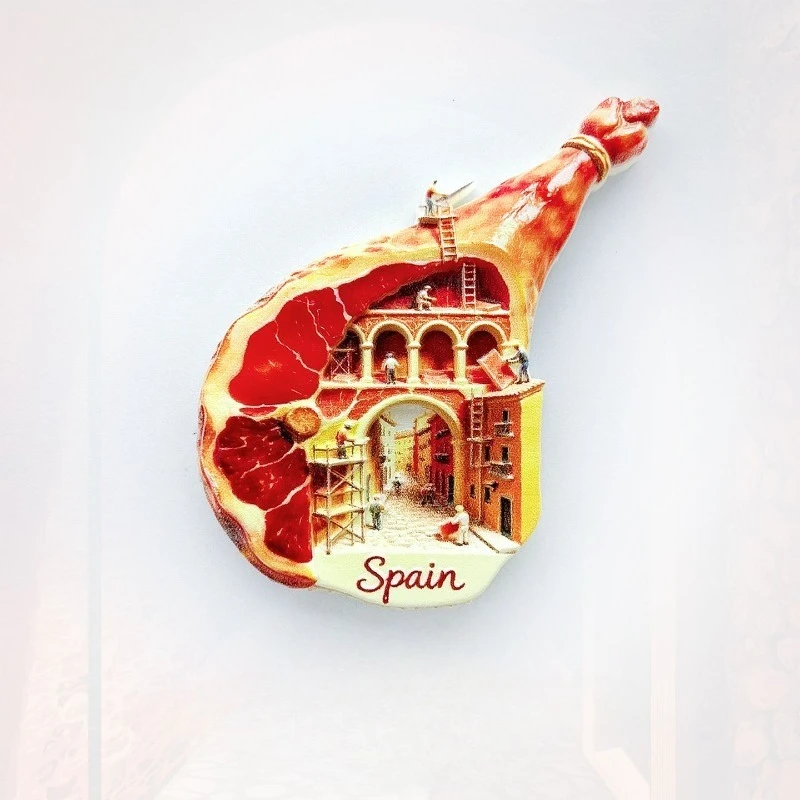 

Spain Ham Fridge Magnet - Whimsical 3D Construction Scene Souvenir Unique Spanish Street Culture Gift for Travel & Fun Decor