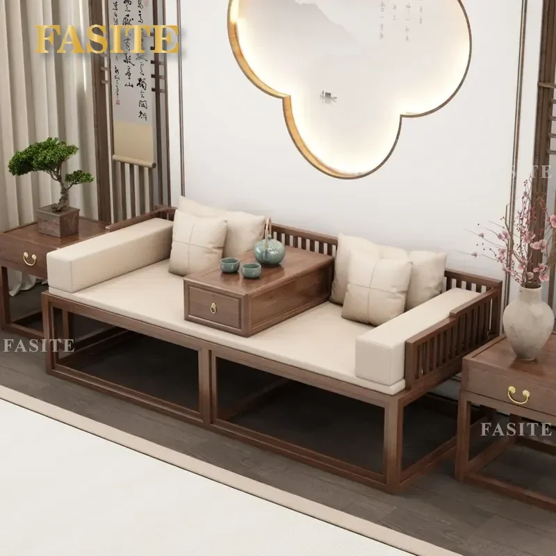 For Living Room New Chinese Style Ash Wood Full Solid Wood Push Pull Bed Simple Zen Chaise Longue for Apartment
