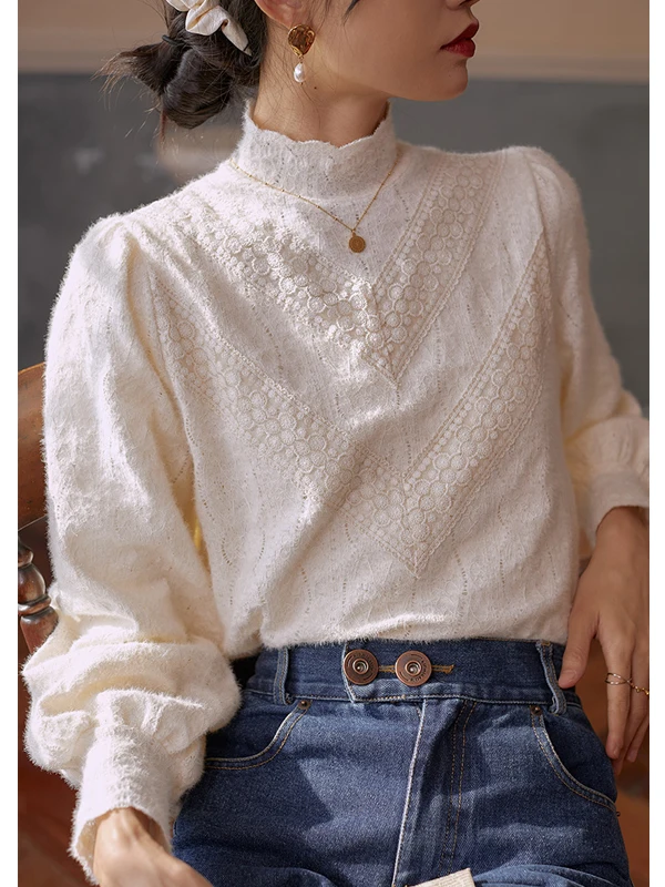 French Sle Fce Forro Base de encaje irt Mujer Faionable f Cuello alto Ropa interior Top Corte recto Largo Sve irt