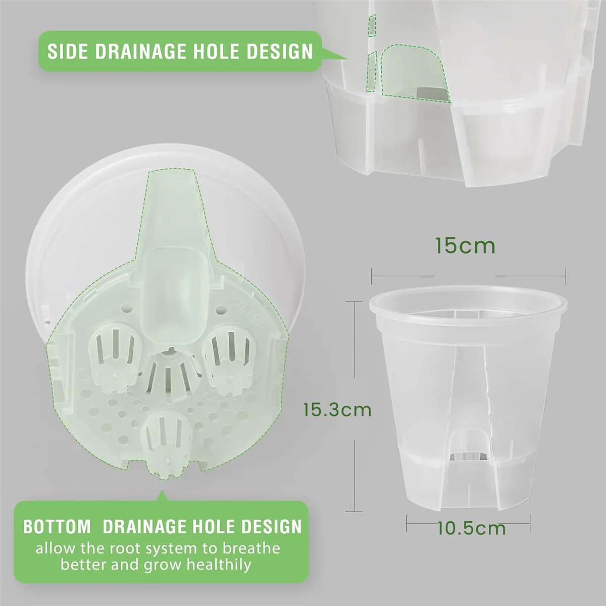 New 6 Inch Transparent Plastic Garden Pots Self Watering Planters, 5 Pack Plastic Nursery Plant Pots with Deep Reservior