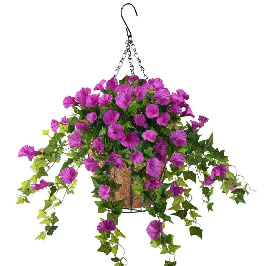 

Artificial Vine Silk Petunia Flowers Hanging Plant in Basket, Coconut Lining Basket Hanging Plant for Patio Lawn Garden Porch Sp