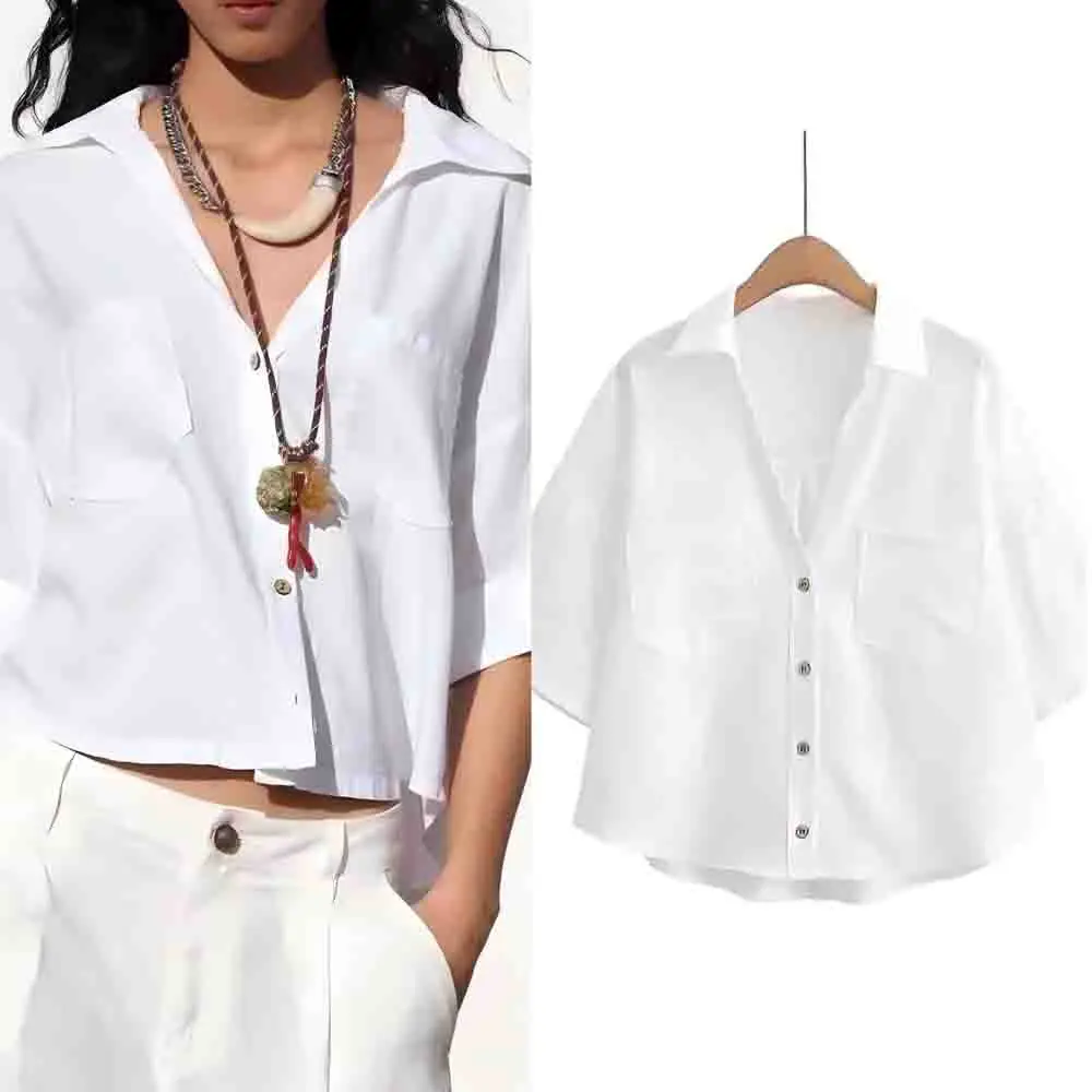 

Women's new fashion pocket decoration casual blend V-neck shirt retro short sleeved button up women's shirt chic top