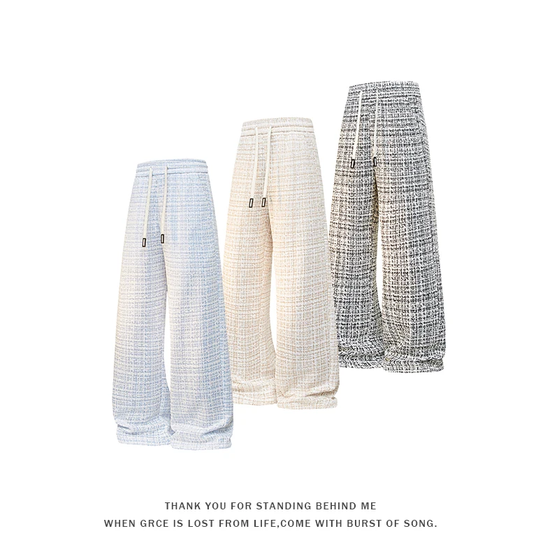 

Men's Tweed Loose Wide Leg Pants Drawstring Waist Fashion Casual Trendy Men Trousers 2025 New Stylish Male Bottoms
