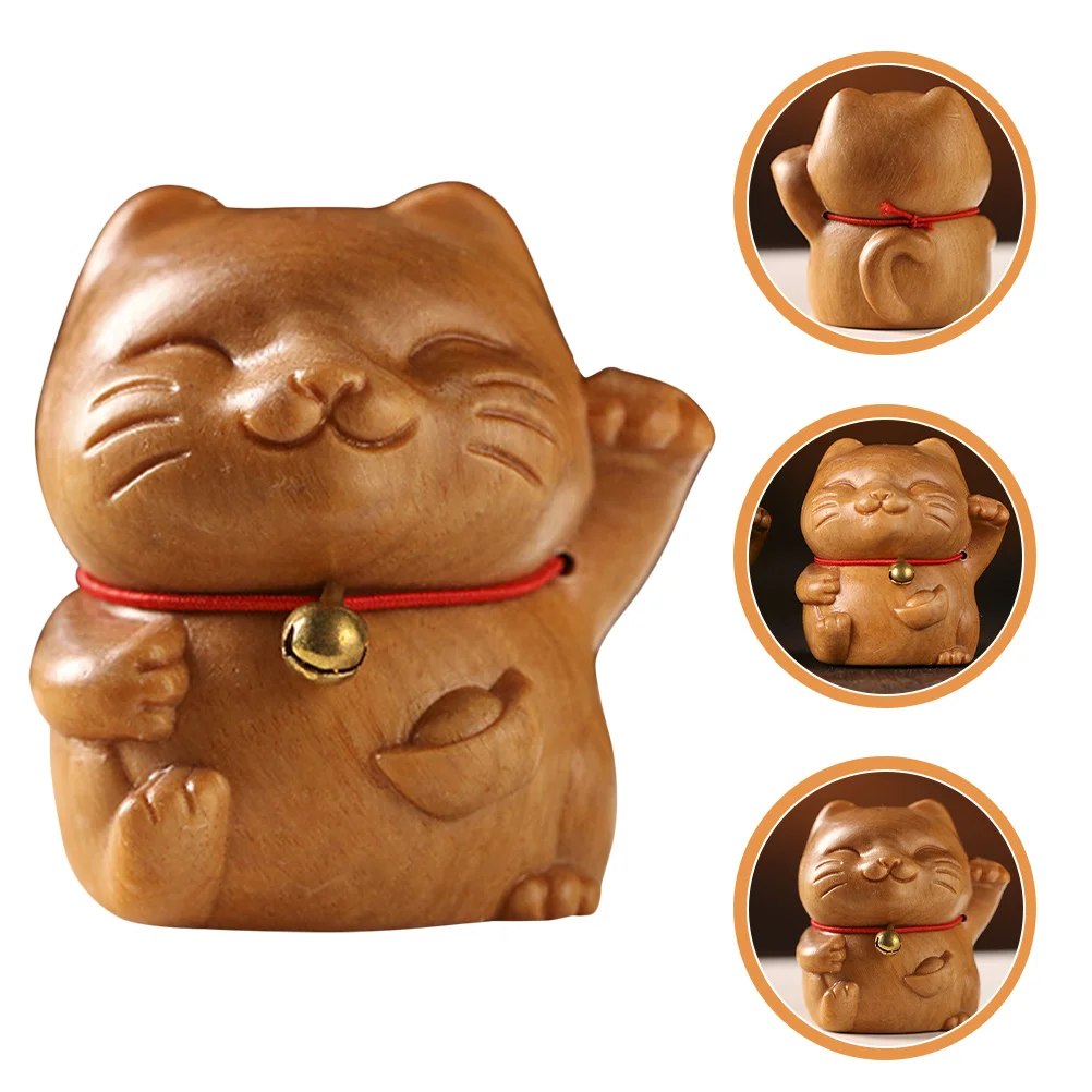 

Sandalwood Statue Small Figurine Desktop Carving Home Decor Fortune Cat Ornament Wooden Craft Adorable Design For