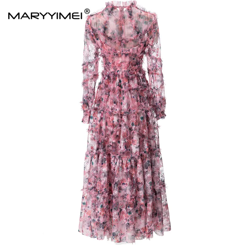 MARYYIMEI New Fashion Autumn Designer Dress Women's Round Collar Flower Print Mesh Fungus Selvedge Pleated Slim Dresses