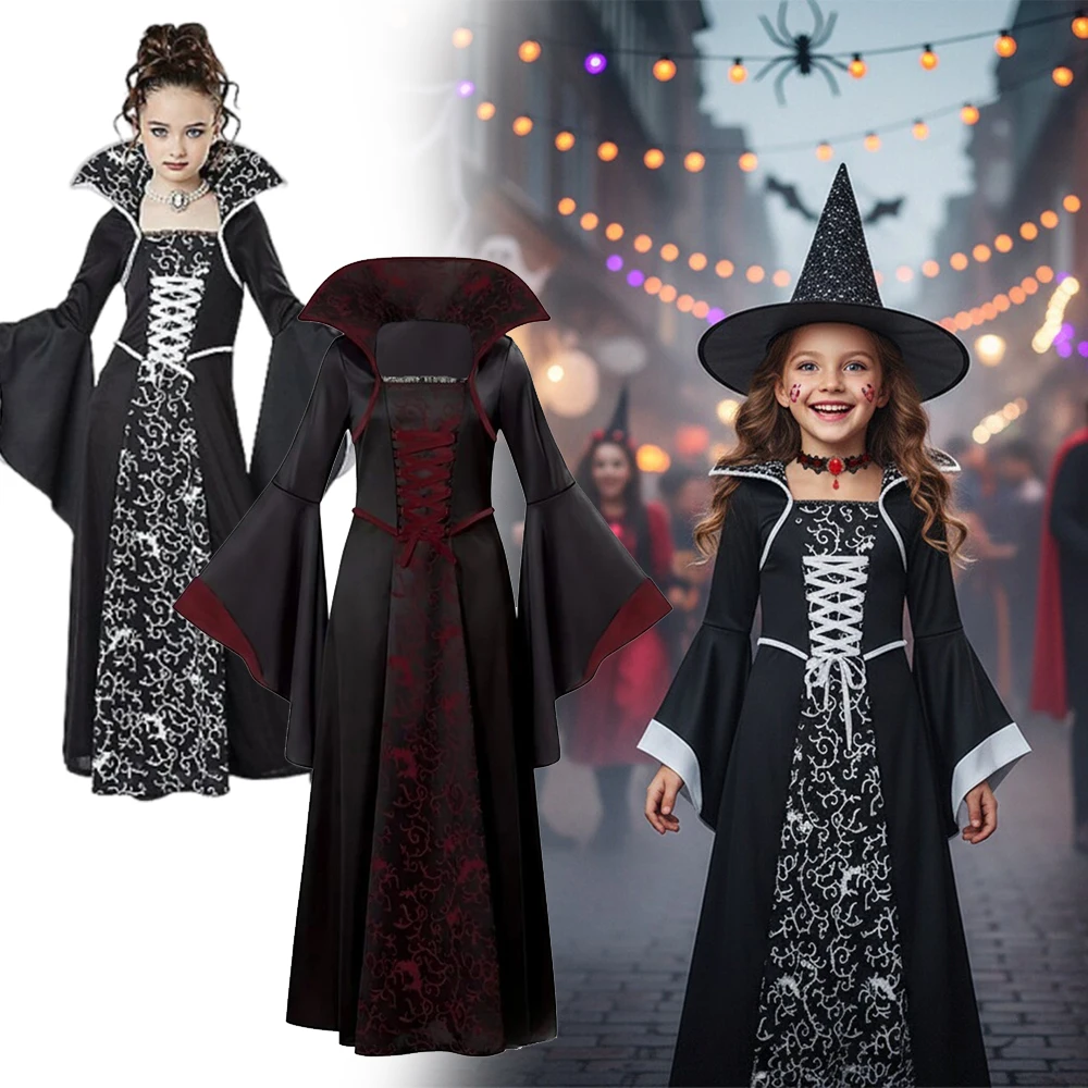 Kids Halloween Vampire Witch Long Gown Flare Sleeve Dress Girls Carnival Masquerade Trick Or Treat Cosplay Party Costume