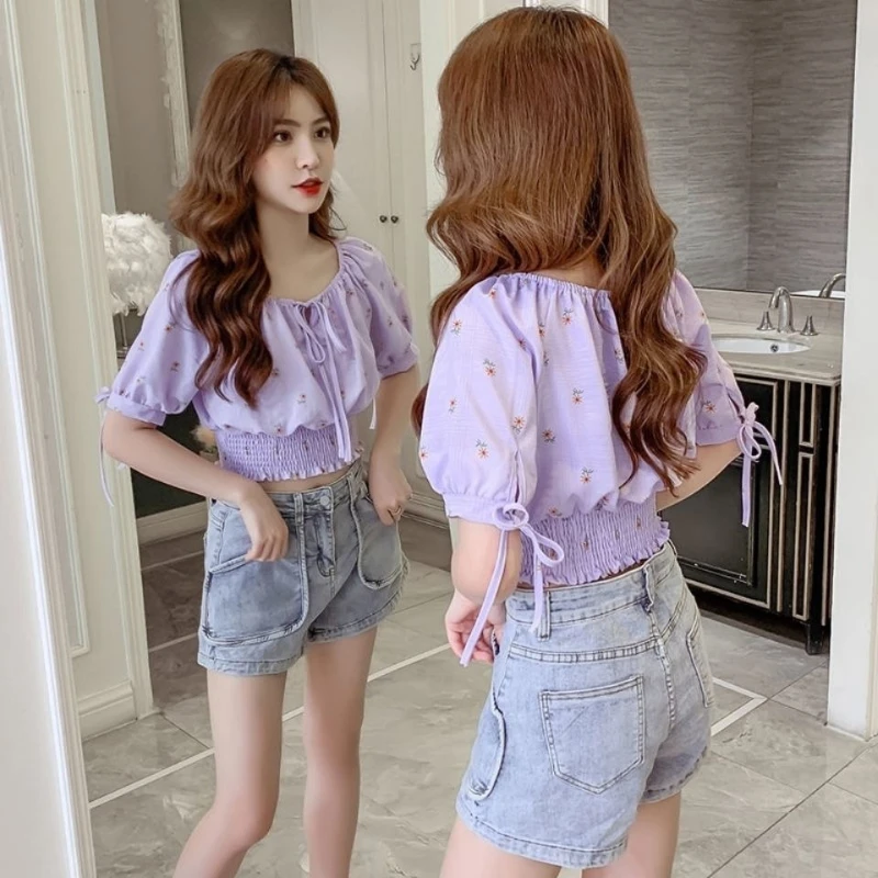 

Women Fashion Blouse 2026 Summer Short French Floral Ruffle Sleeve Tied Waist Crop Top Shirt