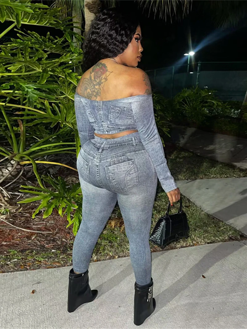 Faux Jean imprimé 2 pièces pour femmes, tenue d'automne, épaules dénudées, haut court, pantalon slim, survêtement décontracté