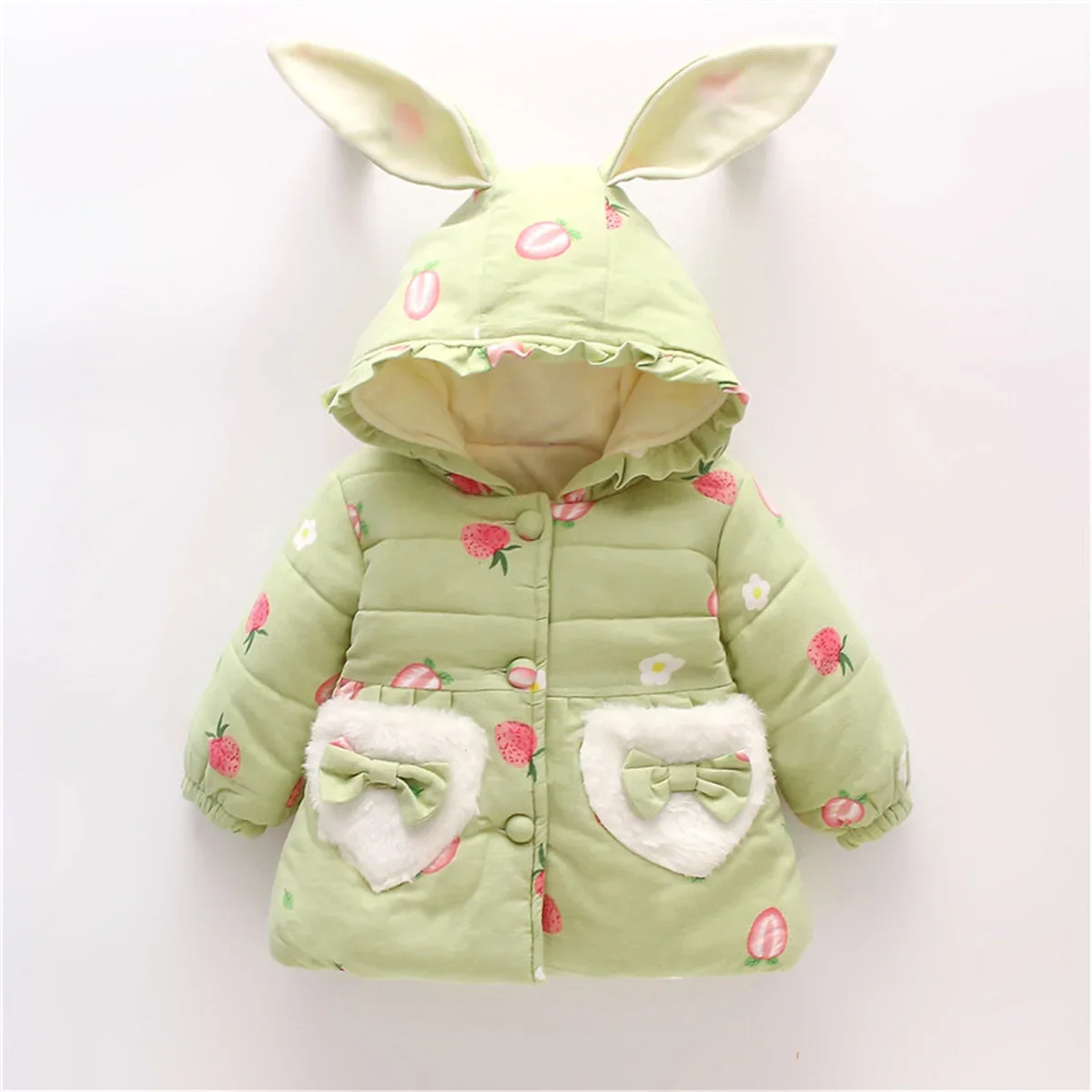 Autumn and Winter New Girls\' Coat Bubble Sleeve Cotton-padded Jacket Cute Cartoon Pattern Bunny Ears Furry Pocket