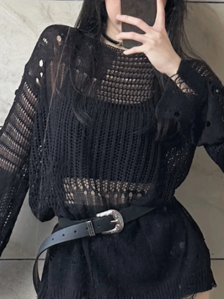 HOUZHOU Y2k Sweater Women Streetwear Hollow Out Loose Knitted Pullovers Balck See Through Long Sleeve Top Gothic Korean Fashion