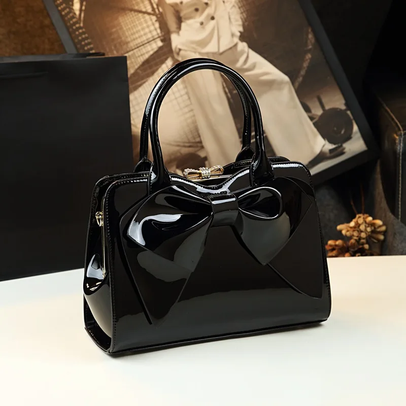 Patent Leather Handbags For Women Purse With Bow Satchel Top-Handbags Crossbody Bag Portable Shoulder Luxury