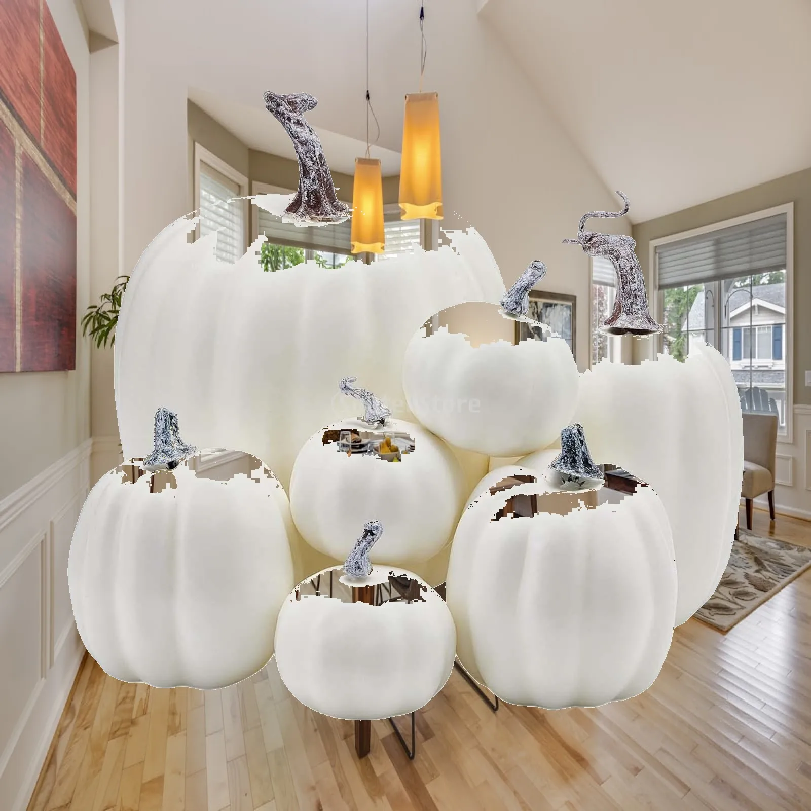 7Pcs Artificial Pumpkins White Fake Model Faux Foam Pumpkins for Halloween Table Centerpiece Holiday Fall Tabletop Decoration