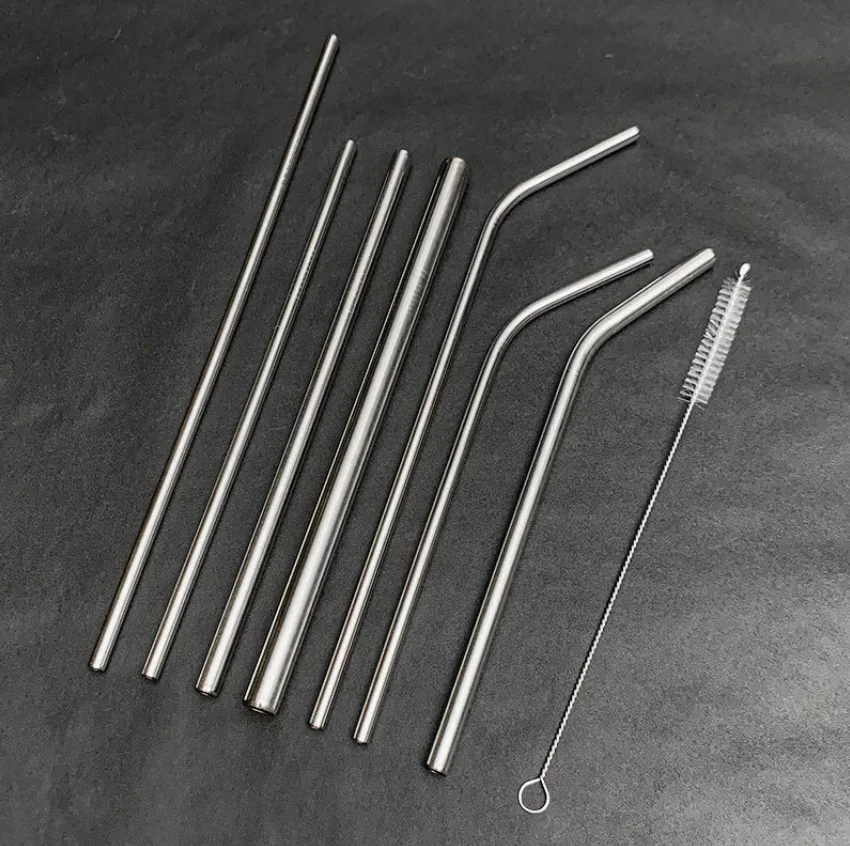 Набор соломинок из нержавеющей стали 304, изогнутые и прямые многоразовые металлические соломинки с футляром и щеткой для пузырькового чая, кофе, смузи
