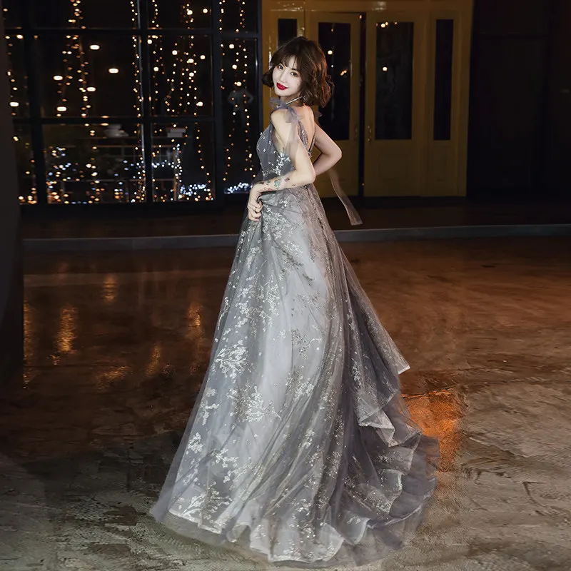 Exquisite Evening Dress V-Neck Sheer with Applique Beads Long Prom Dresses Lace-up Back Party Dress