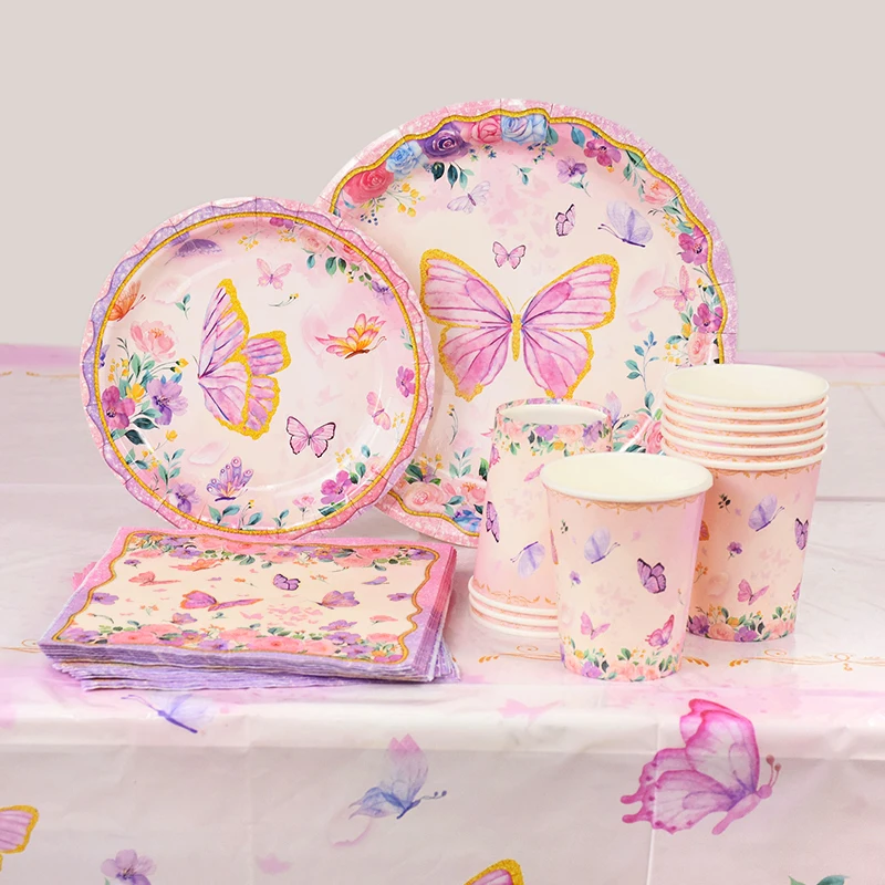 Ensemble de vaisselle britannique papillon de poulet, assiettes en papier, tasse, nappe, décoration de fête d'anniversaire pour filles, fournitures de douche de bébé