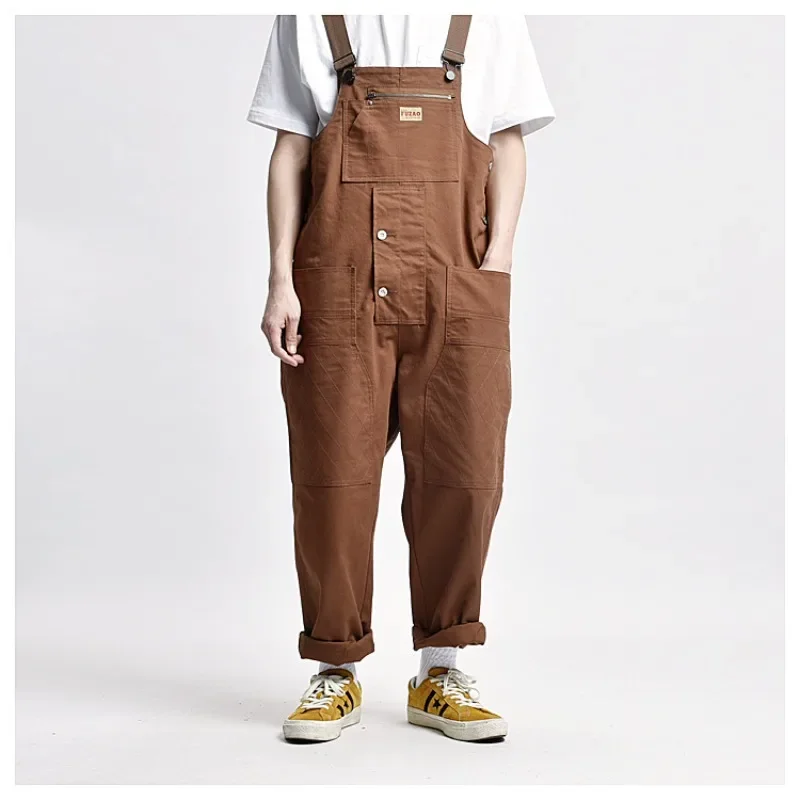 

Straight Shoulder Strap Pants for Men Street Loose Multi Pocket Workwear Jumpsuit Wear-resistant Workwear Casual Pants