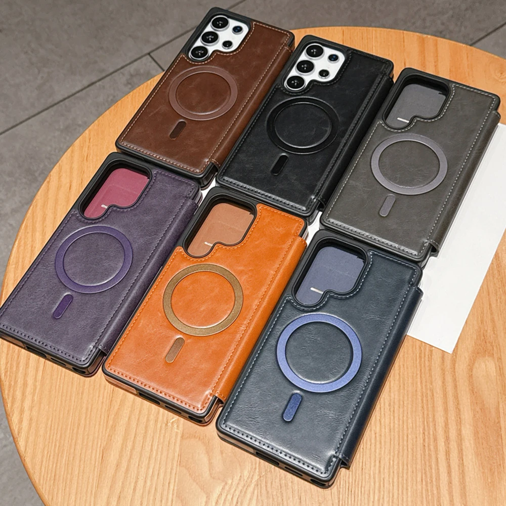Klasyczne skórzane etui z klapką i magnetycznym zamknięciem na telefon Samsung S26 S25 Edge S24 Ultra S22 S23 Plus, luksusowa obudowa z obsługą bezprzewodowego ładowania. — zdjęcie produktu 5