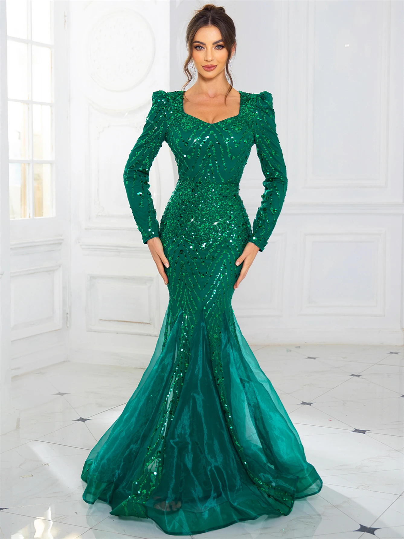 Long Sleeve Sparkle Sequin Evening Party Gown V Neck Patchwork Organza Luxury Celebrity Prom Elegant Fishtail Dress Green Navy