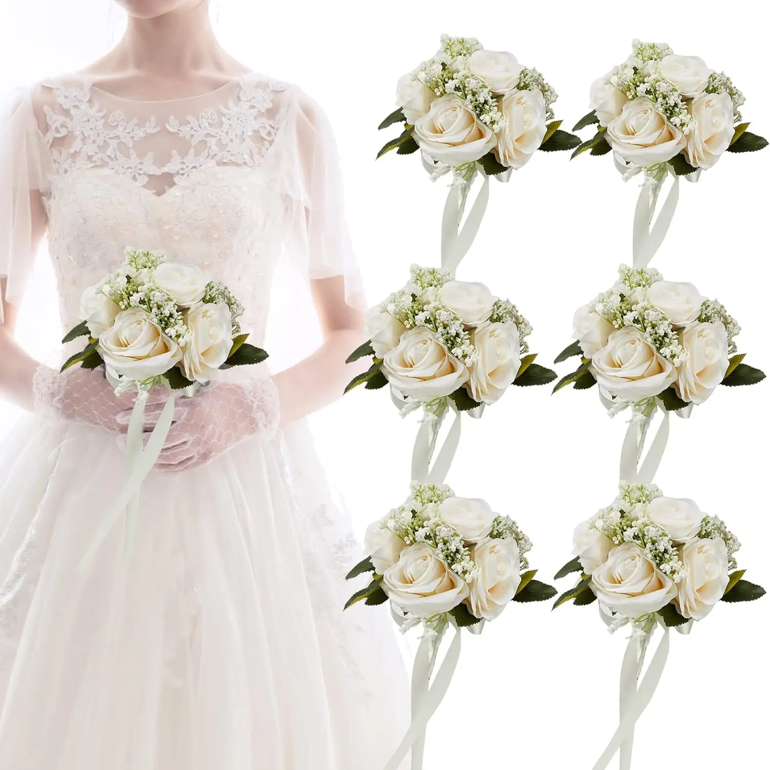 

6.5" Ivory Bridesmaid Bouquets Set of 6, Small Artificial Wedding Flowers for Centerpieces