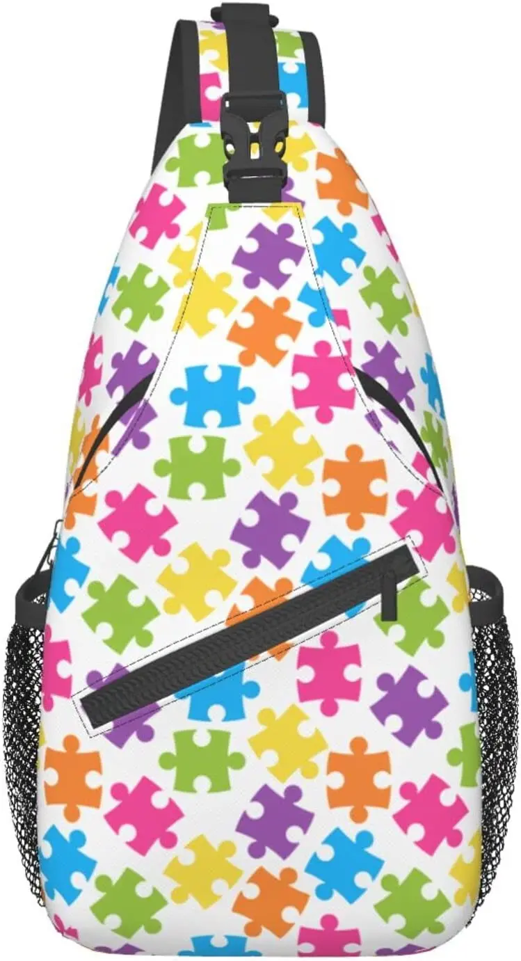 Autism Awareness Puzzle Pieces Sling Bag Crossbody Adjustable Chest Backpack Shoulder Bag Hiking Casual Sports Daypack