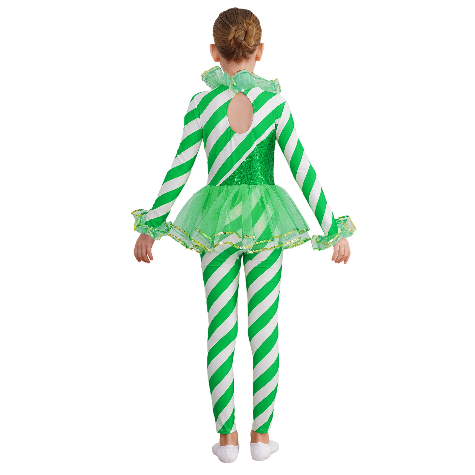 Kids Girls Christmas Candy Cane Tutu Jumpsuit Long Sleeve Ballet Dance Gymnastics Leotard Xmas Halloween Circus Cosplay Costume