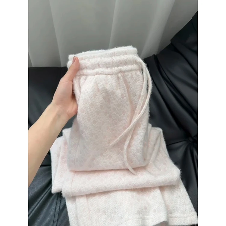 한국 슬레 소프트 폴카 도트 팬츠 여성용 가을 겨울 신상 니트 슬림 캐주얼 라이스 누들 팬츠 하이웨이스트 와이드 레그