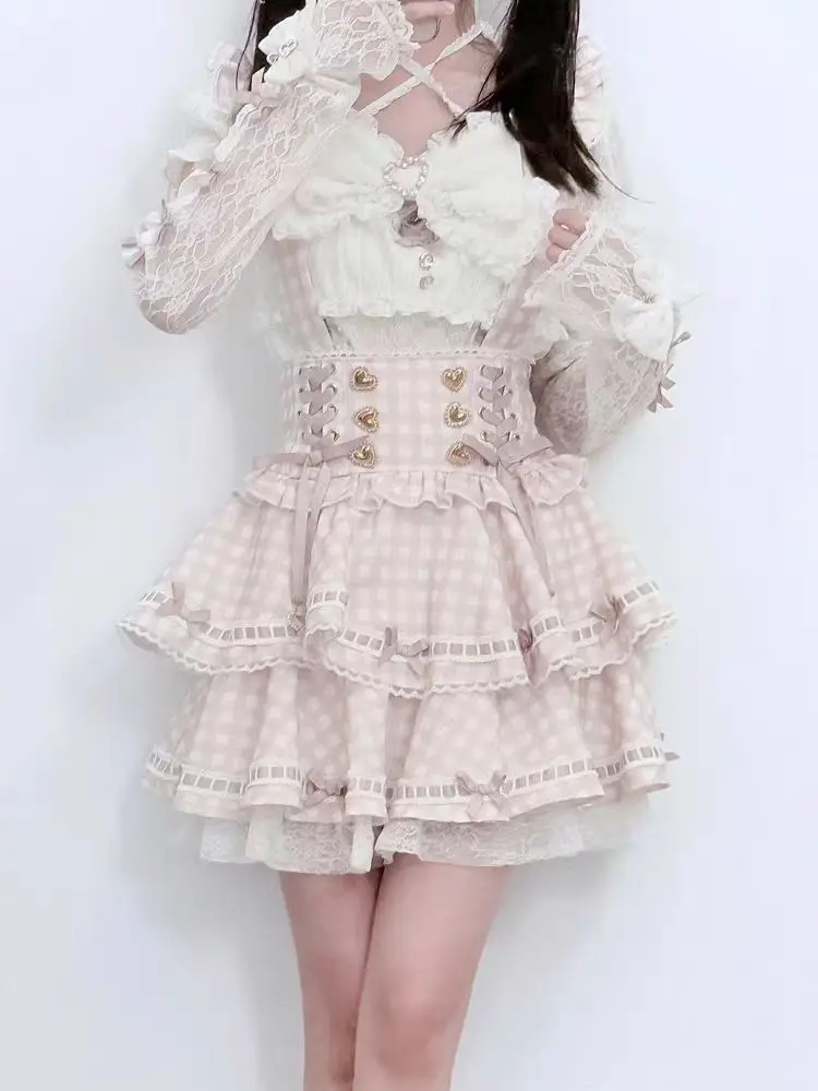 Japanese Gothic Lolita Style Rhinestone Bow Dress Shorts Set Women Elegant Sweet Slim Plaid Strap Dress Kawaii Cute Y2k Outfits