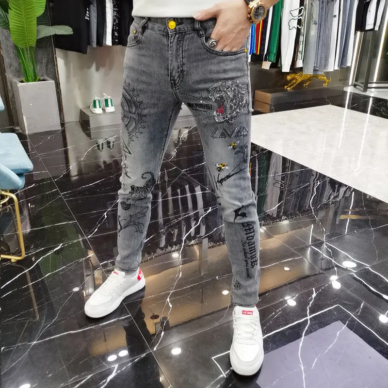 Autumn and Spring Luxury Men\'s Clothing Skinny Jeans with Tiger Head Printed and Diamond Decoration Slim Fit Streetwear Trousers