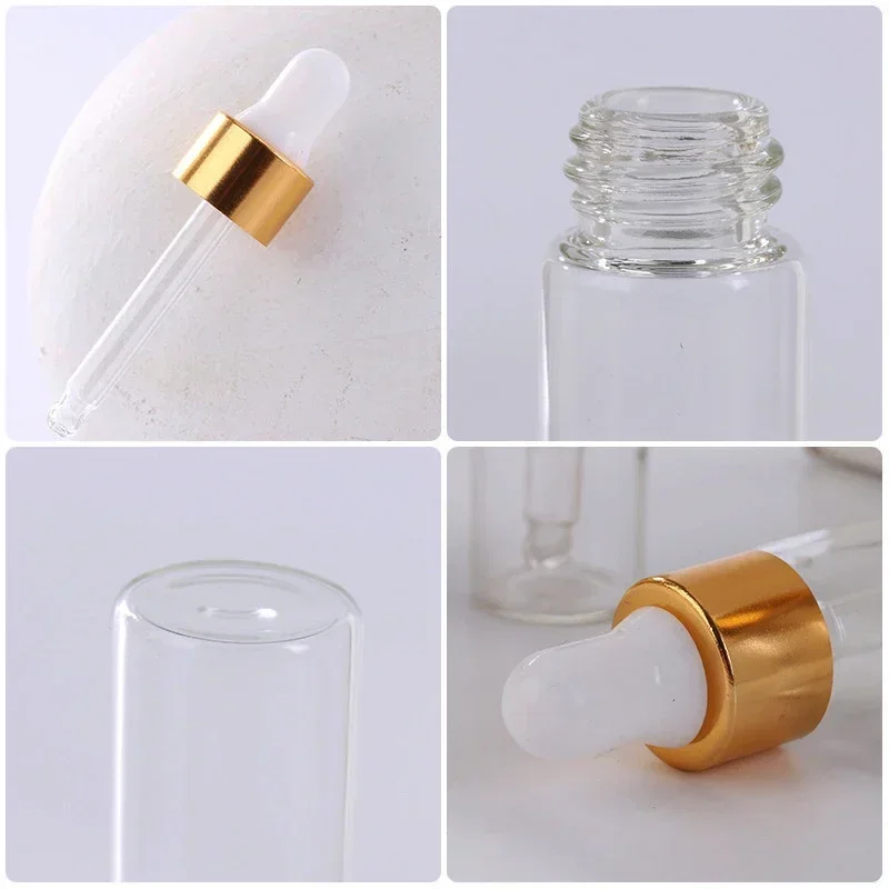 1PC 2/3ml Glass Dropper Bottle Empty Transparent Gold Cap Perfume Pipette Essential Oil Aromatherapy Small Samples Bottles