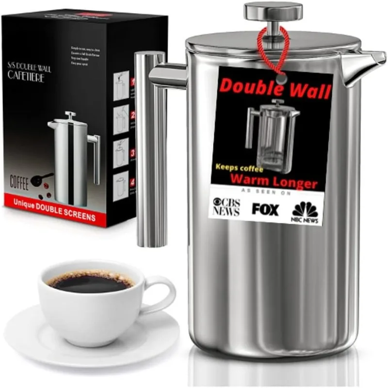 

French Press Coffee Maker - Double Walled 18/10 Large Coffee Press with 2 Free Filters - Enjoy Granule-Free Coffee, Stylish Rust