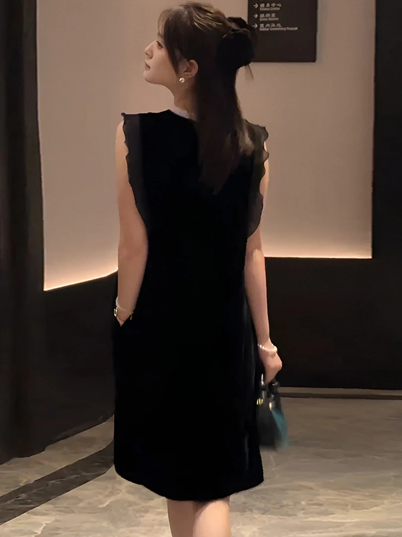 Elegant Black Summer Dress Women's Fashion Slimming Design Sleeveless Dress Luxury Minimalist Style A-Line Midi Skirt