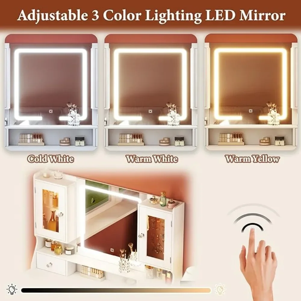 Vanity Desk with Led Mirror and RGB Lights 42" Makeup Vanity Desk with Power Outlet 3 Colors Lighting Adjustable Brightness image 4