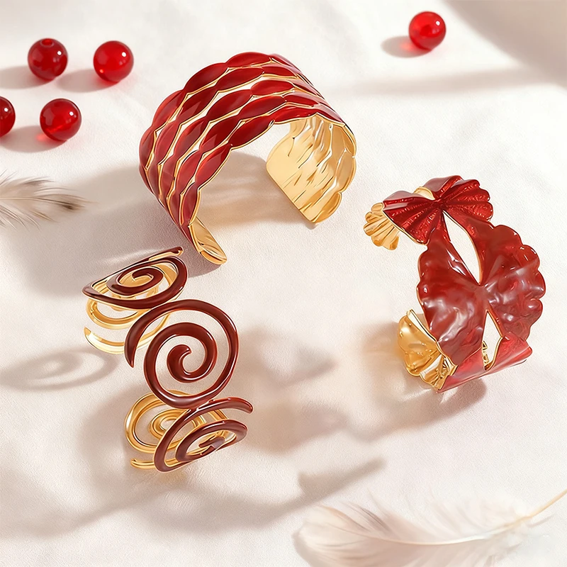 Letdiffery Red Multi-layer Bracelet Stainless Steel Open Adjustable Bangle Irregular Smooth Unique Jewelry Gift for Girls Women