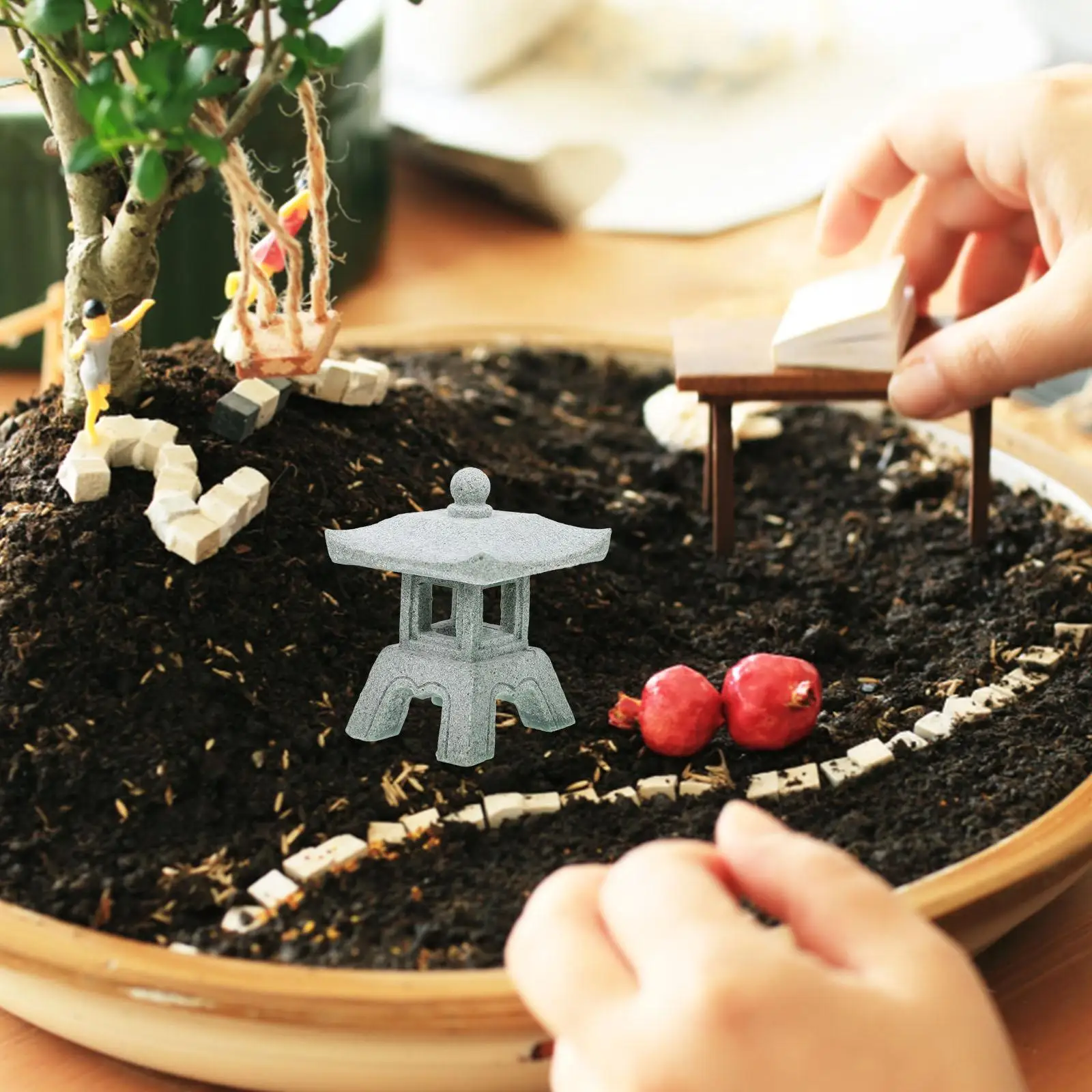 Ornamenti per lanterne in pietra Decorazioni da giardino Zen Mini padiglione Statua in arenaria verde Modello minuscolo Decorazione per interni ed esterni Giardino