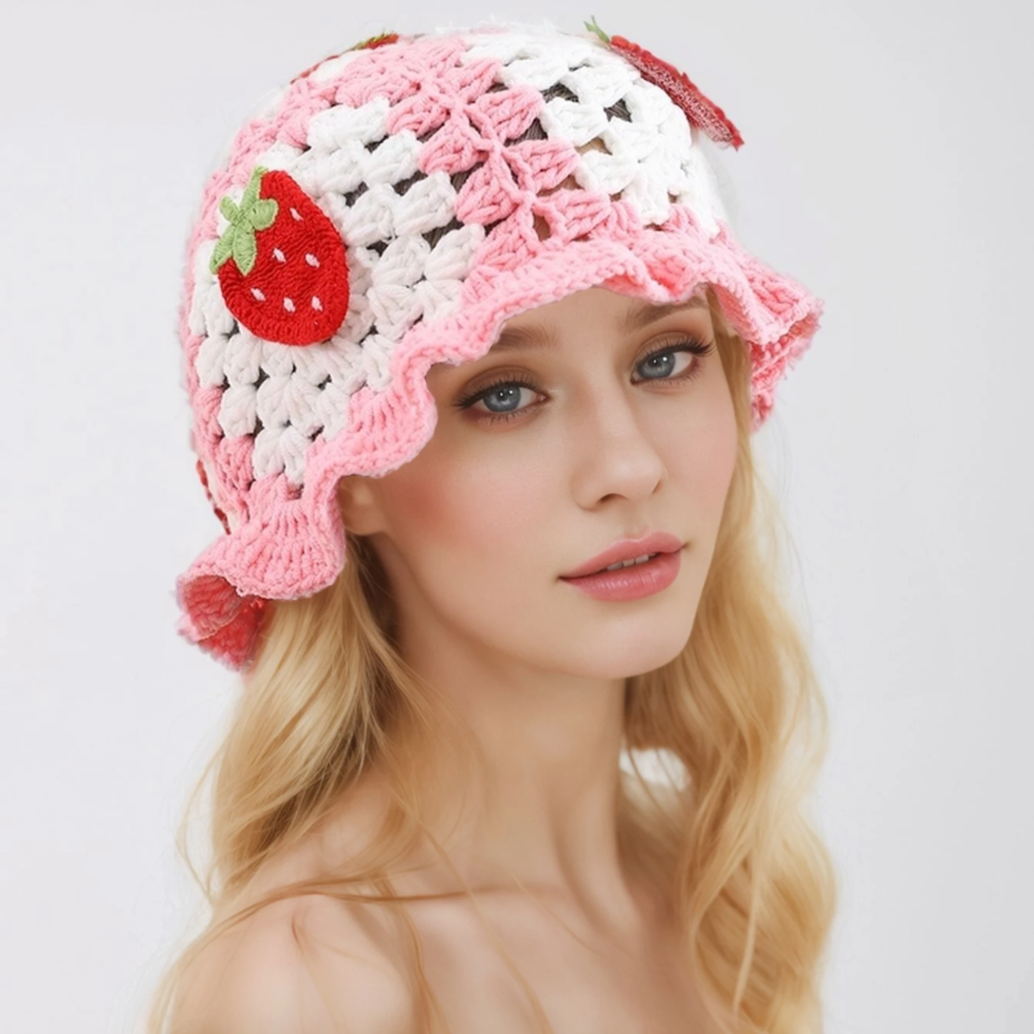 

Christmas and New Year Hand-Crocheted Large Strawberry Fisherman Hat Cute Flower Grandmother Square Knitted Women's Hat