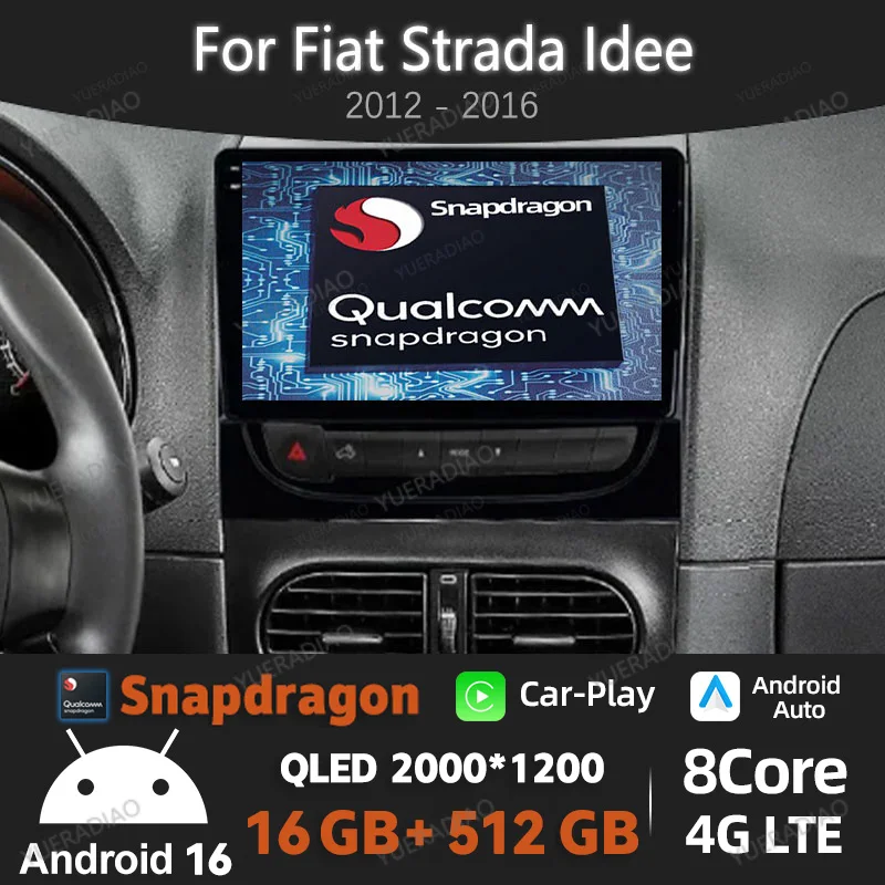 Radio para Auto Android 16 para Fiat Strada Idea 2012-2016, Reproductor Multimedia Estéreo, Video, 4G LTE, 5G WIFI, GPS, Navegación, QLED, BT, Unidad Principal