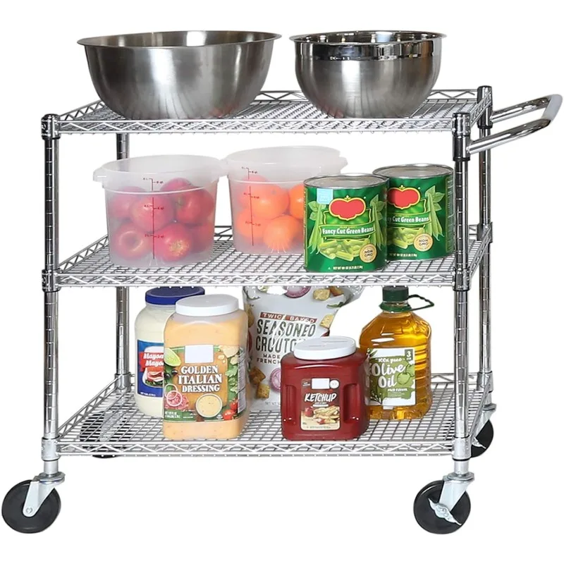 UltraDurable NSF Commercial Heavy Duty Metal Rolling Utility Cart, w/ Steel Shelves, Handle Bar for Restaurant